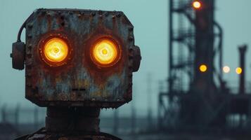 AI generated Its LED eyes glow with curiosity against a backdrop of industrial architecture photo