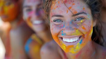 AI generated Close-up shots capturing the radiant smiles and laughter of participants covered in colorful powder. photo
