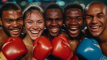 AI generated Boxers radiating joy and positivity, their smiles reflecting their love for the sport and success. photo