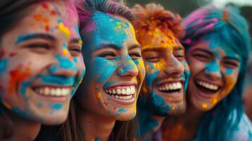 ai generado de cerca disparos capturar el radiante sonrisas y la risa de Participantes cubierto en vistoso polvo. foto