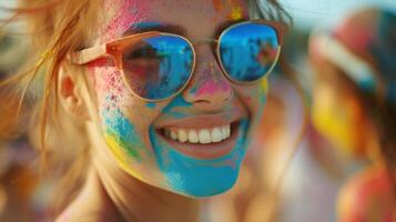 AI generated Close-up shots capturing the radiant smiles and laughter of participants covered in colorful powder. photo