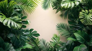 AI generated Simple backdrops adorned with lush tropical leaves, exuding a touch of exotic elegance photo