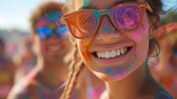 AI generated Close-up shots capturing the radiant smiles and laughter of participants covered in colorful powder. photo