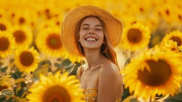 AI generated Laughing amidst a field of sunflowers, she embodies the spirit of springtime merriment photo