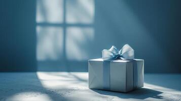 AI generated Simple scenes featuring a lone gift box, capturing the essence of minimalist aesthetics photo
