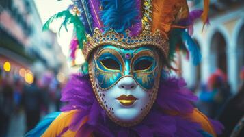 AI generated Intriguing images of people donning intricate masks and indulging in festive activities during Mardi Gras photo