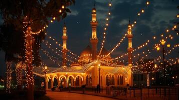 AI generated Serene photos depicting mosques lit up with decorative lights during the holy month