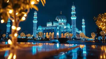 AI generated Serene photos depicting mosques lit up with decorative lights during the holy month