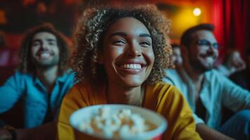 AI generated Smiling friends enjoy classic films, transported back in time by timeless tales and iconic characters photo