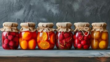 AI generated Minimalist setups showcasing jars of perfectly preserved fruits photo