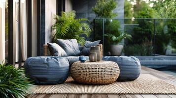 AI generated Weather-resistant poufs create a cozy seating area on a contemporary patio or deck photo