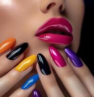 AI generated pretty woman with colourful manicure and lips photo