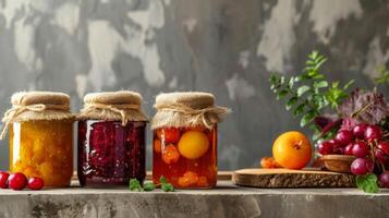 AI generated Minimalist compositions accented with jars of exquisite homemade preserves photo