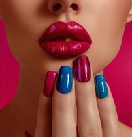 AI generated pretty woman with colourful manicure and lips photo