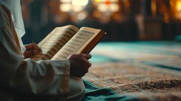 ai generado tranquilo disparos de individuos absorto en leyendo y recitando el Corán durante Ramadán noches foto
