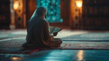 AI generated Tranquil shots of individuals engrossed in reading and reciting the Quran during Ramadan nights photo