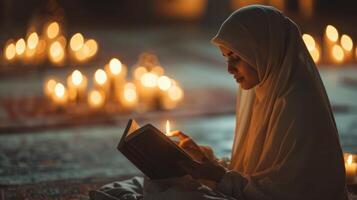 AI generated Tranquil shots of individuals engrossed in reading and reciting the Quran during Ramadan nights photo