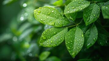 AI generated Raindrops glistening on fresh green leaves in a tranquil garden photo