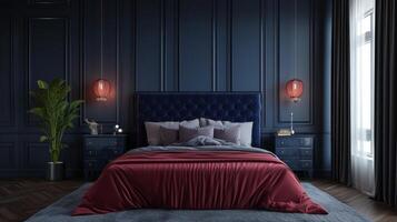 AI generated Deep-hued velvet beds add an air of romance and luxury to modern bedroom decor photo