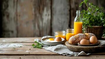 AI generated Wooden tables feature farm-fresh eggs, crusty bread, and freshly squeezed juices photo