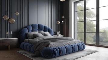 AI generated Deep-hued velvet beds add an air of romance and luxury to modern bedroom decor photo