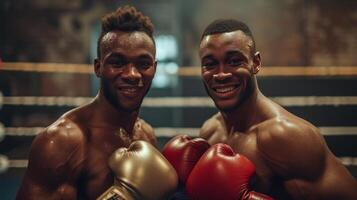 ai generado Atletas en boxeo atuendo, expresando felicidad con genuino sonrisas y simpático miradas foto