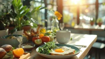 ai generado de moda restaurantes servir arriba moderno desayuno tarifa en medio de minimalista decoración foto