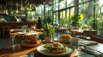 ai generado de moda restaurantes servir arriba moderno desayuno tarifa en medio de minimalista decoración foto