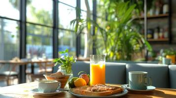 ai generado de moda restaurantes servir arriba moderno desayuno tarifa en medio de minimalista decoración foto