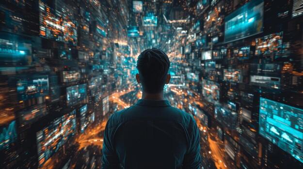 ai generado rodeado por artilugio y pantallas, el empresario navega el digital paisaje con finura. foto