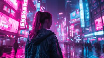 ai generado con un fondo de neón luces, eso encarna el espíritu de un cyberpunk futuro foto