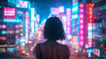 ai generado con un fondo de neón luces, eso encarna el espíritu de un cyberpunk futuro foto