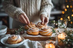 AI generated woman putting cinnamon buns on board by tree photo