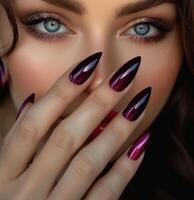 AI generated woman with bright nails and blue eyes photo