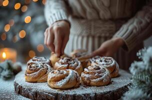 AI generated woman putting cinnamon buns on board by tree photo