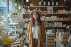 ai generado mujer en pie en un tienda foto