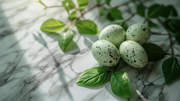 AI generated a bunch of green leaves surrounding Easter eggs over a marble counter, photo