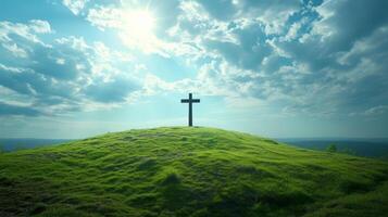 AI generated A Christian cross standing tall atop a lush green hill. large copyspace area photo