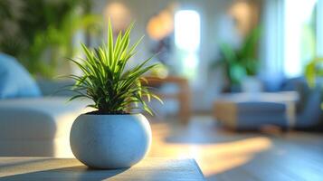 AI generated A comfortable living room with a potted plant in the foreground and a blurred background photo