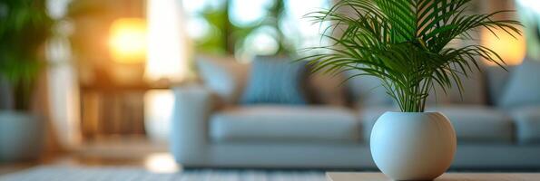 AI generated A comfortable living room with a potted plant in the foreground and a blurred background photo