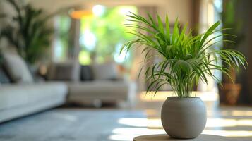 AI generated A comfortable living room with a potted plant in the foreground and a blurred background photo