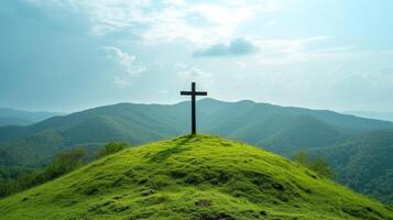 AI generated A Christian cross standing tall atop a lush green hill. large copyspace area photo