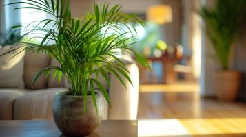 AI generated A comfortable living room with a potted plant in the foreground and a blurred background photo