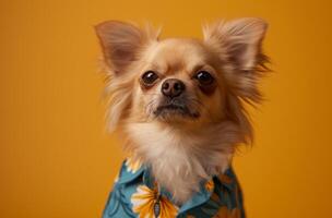 ai generado un pequeño perro en un azul y amarillo camisa foto