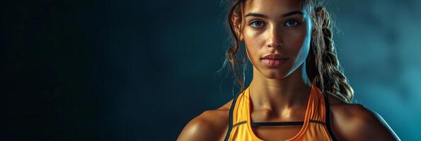 AI generated A joyful, attractive, and athletic young woman on a dark background, representing fitness and health photo