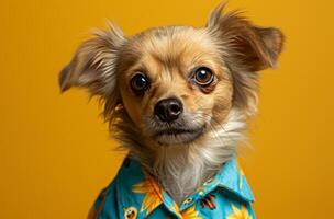 ai generado un pequeño perro en un azul y amarillo camisa foto