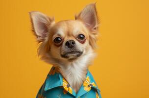 ai generado un pequeño perro en un azul y amarillo camisa foto