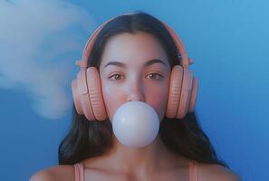 AI generated a woman blowing a bubble with headphones photo