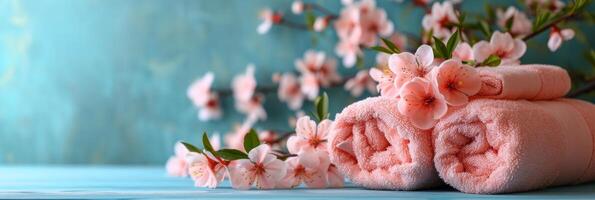 AI generated Arrangement of bath towels and lovely flowers photo