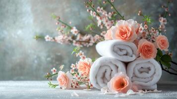 AI generated Arrangement of bath towels and lovely flowers photo